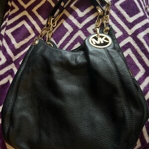 Michael Kors Black Leather Shoulder Bag with Gold Accents
